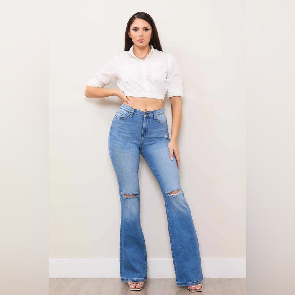🆕Vibrant M.I.U Ripped Flare Jeans High Waist Stretch Denim Size 9 (w28)